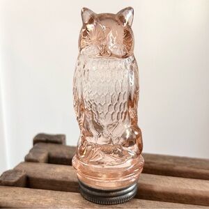 Vintage Charming Pink Glass Owl Candy Jar Bottle Figurine w/ Lid Rare Container